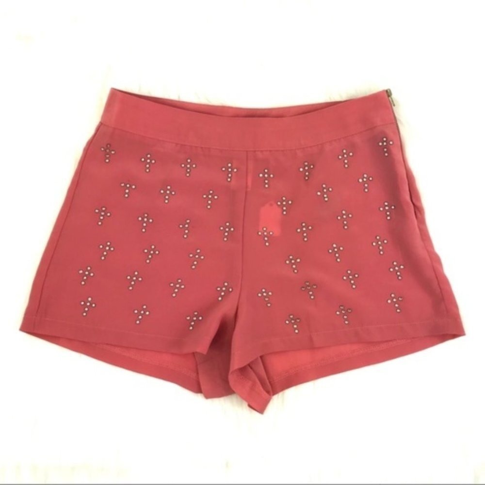 Umgee Cross Rhinestone Shorts Womens Large Coral Pink High Waisted Boho Festival
